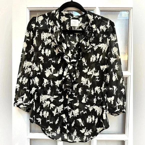 Anthropologie HD in Paris Ruffled Picea Blouse Black White Pastoral Print Size 4 - Picture 1 of 11
